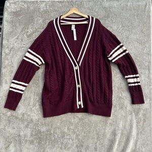 PINK Victoria’s Secret Womens Burgundy Cable Knit Cardigan Varsity Stripe Sz XL